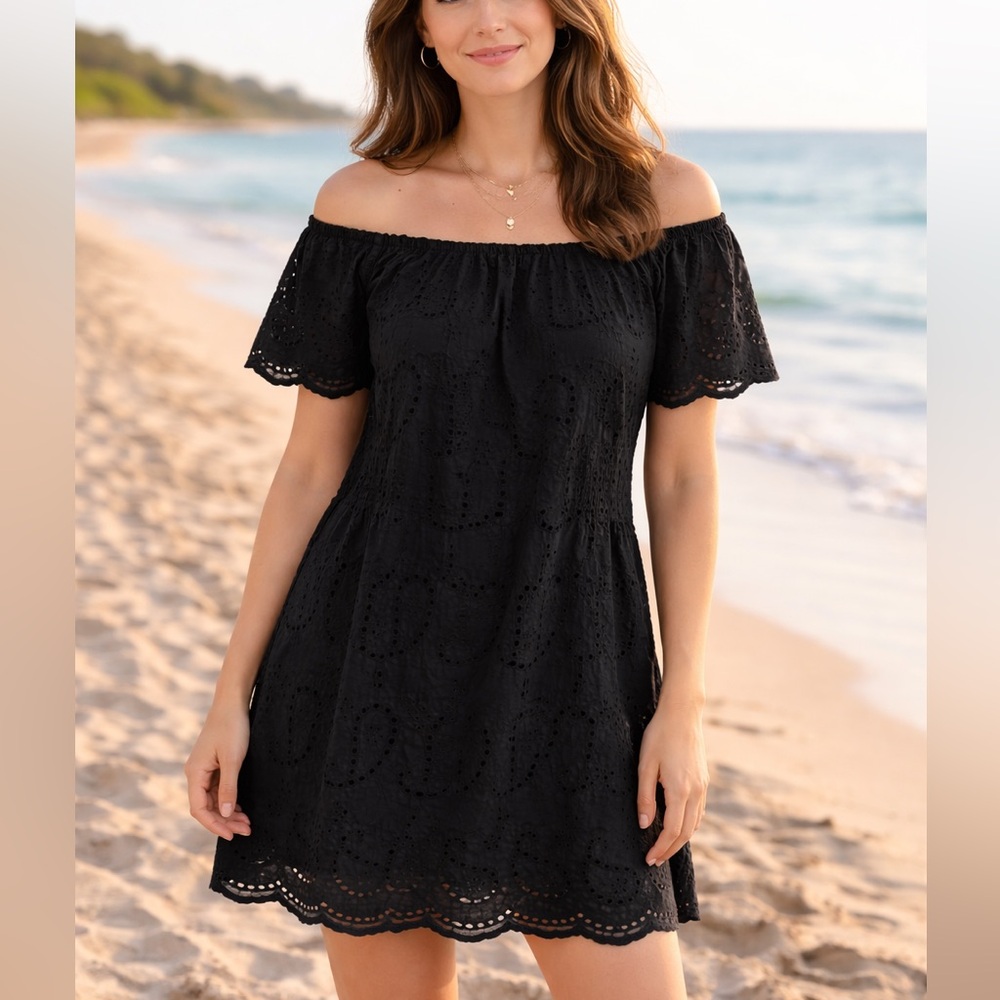 VALENTINA NALDI Made In Italy 100% Cotton Dress Black Short Sleeve Eyelet SMALL